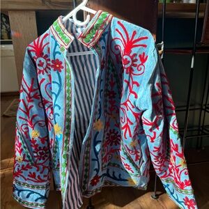 Embroidered Blue Jacket with Red Floral Design